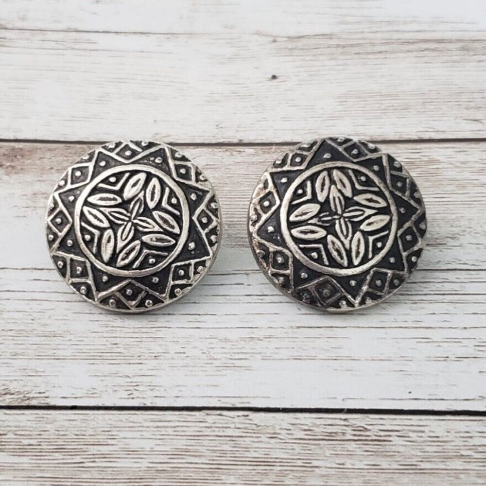 Vintage Clip On Earrings Silver Tone & Dark Gray Patterned Circle Large